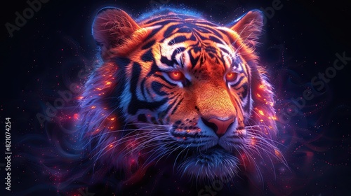 The psychedelic tiger head, adorned with symmetrical mandalas, embodies the shaman's spiritual guide, serving as a mystical emblem of their connection to the sacred realm..illustration stock image