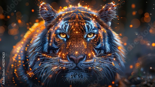 The psychedelic tiger head, adorned with symmetrical mandalas, embodies the shaman's spiritual guide, serving as a mystical emblem of their connection to the sacred realm..stock photo photo