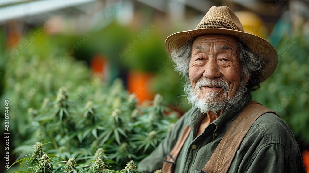 An elderly gentleman, characterized by his warm smile, diligently attends to a medical cannabis plantation, harnessing the therapeutic benefits of CBD to alleviate his rheumatism and pain.stock photo An elderly gentleman, characterized by his warm smile, diligently attends to a medical cannabis plantation, harnessing the therapeutic benefits of CBD to alleviate his rheumatism and pain.stock photo