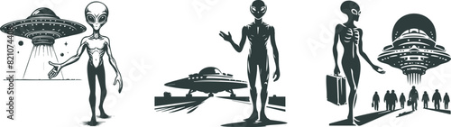 an alien offers to take a ride with him in a flying saucer vector stencil