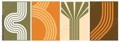 Line Abstract sun moon retro modernism graphic design poster. Contemporary strip minimalist backgrounds modern boho style geometric line covers Mid century wall decor. vector illustration retro stripe