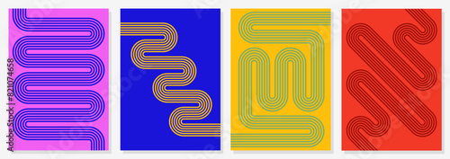 Abstract line retro modernism graphic design poster. Vintage colorful print geometric strip covers set memphis modern style vector illustration retro bauhaus poster geometric art stripe flyers journal