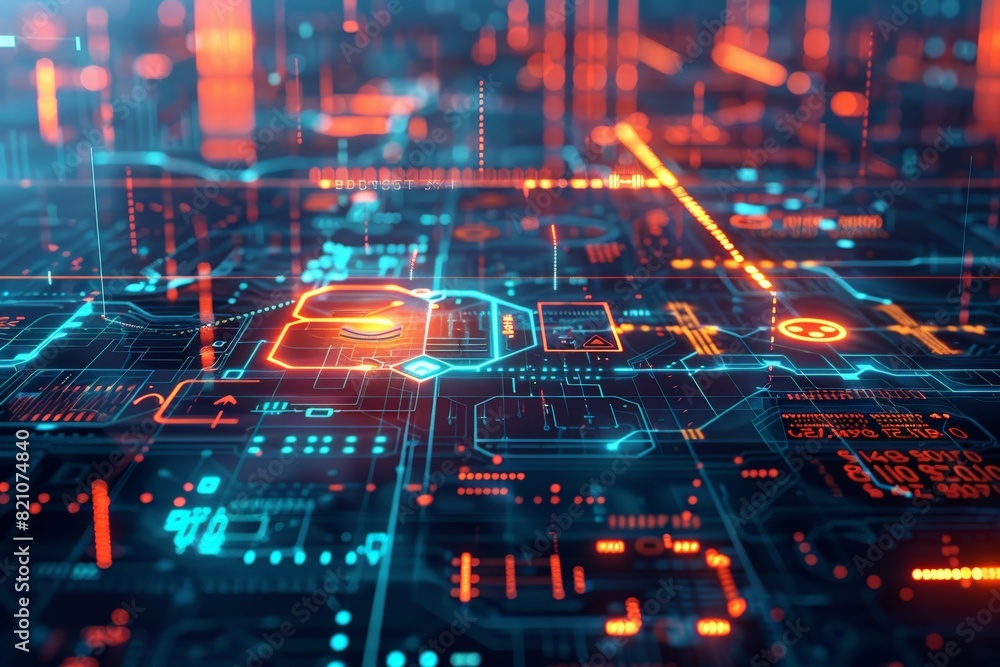 A computer chip with a blue and orange background. The blue and orange colors are bright and vibrant, giving the image a futuristic and technological feel. A high-angle shot of a renewable energy grid A computer chip with a blue and orange background. The blue and orange colors are bright and vibrant, giving the image a futuristic and technological feel. A high-angle shot of a renewable energy grid