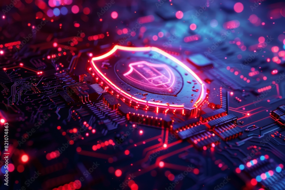 A red and blue electronic circuit board with a glowing shield on it. The image has a futuristic and technological feel to it. A futuristic depiction of a cybersecurity shield dynamically defending A red and blue electronic circuit board with a glowing shield on it. The image has a futuristic and technological feel to it. A futuristic depiction of a cybersecurity shield dynamically defending