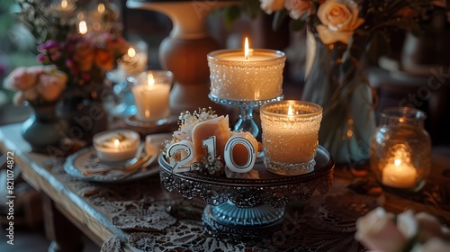 A charming scene featuring a candle shaped like the number  21   placed atop a vintage cake stand  with delicate lace detailing adding a touch of elegance