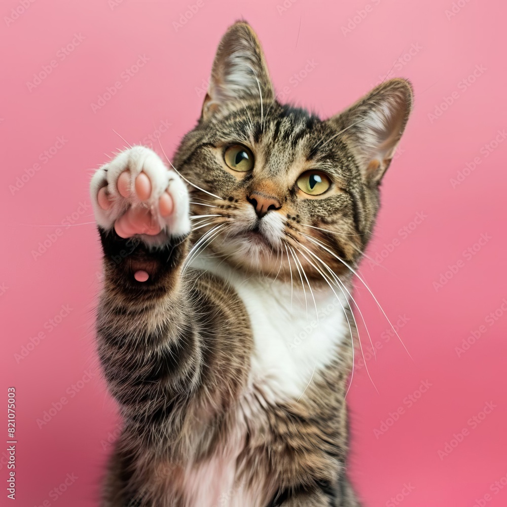 Obraz premium Adorable tabby cat reaching out with a paw against a pink background