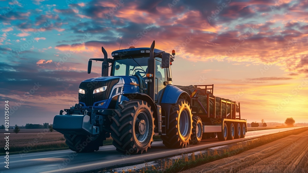 Big blue tractor on the trailer of an extra long truck is driving along the highway, road to new horizons and success in agriculture, loading tractors for farmland farming at sunset