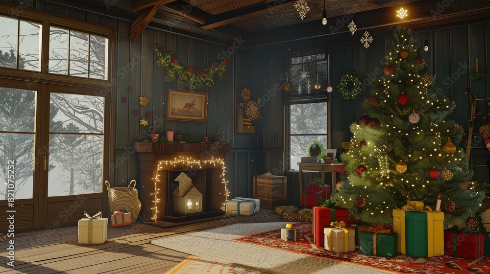 Cozy Winter Cabin Interior with Festive Christmas Decor Cozy Winter Cabin Interior with Festive Christmas Decor
