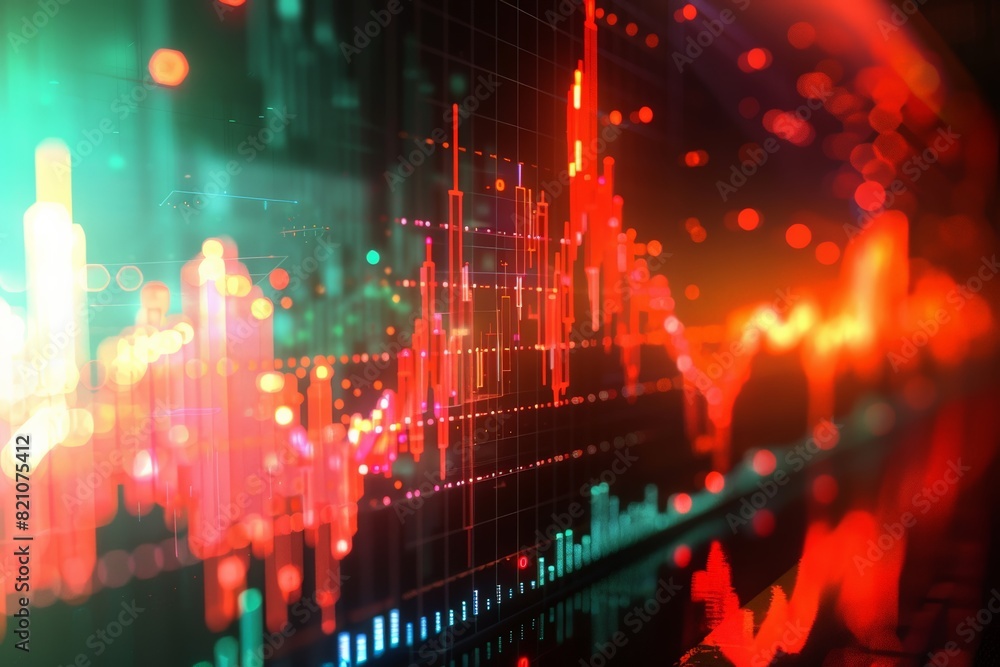 Fototapeta premium Colorful graph with red lines and green dots. The graph is abstract and has futuristic feel to it. display of stock market crash chart on computer monitor, colors and lines depicting the sudden drops
