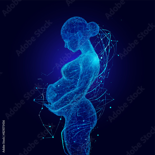 Pregnant woman with fetus (baby) in the womb anatomy, Dark  blue  background, Healthcare and medicine concept.
