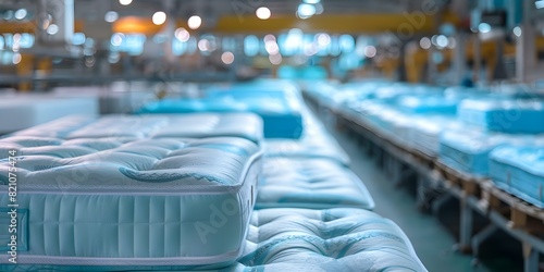 Rows of mattresses in factory showcase mass production in textile industry. Concept Textile Industry, Mass Production, Factory Showcase, Mattresses, Production Line