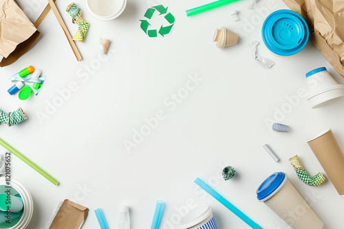 A flat lay composition featuring an ecofriendly recycling symbol with various sustainable items such as paper, plastic, and cardboard nearby on a white background