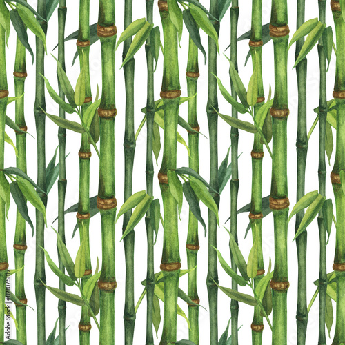 Green bamboo stems and leaves seamless pattern.  Watercolor hand drawn botanical illustration on white background