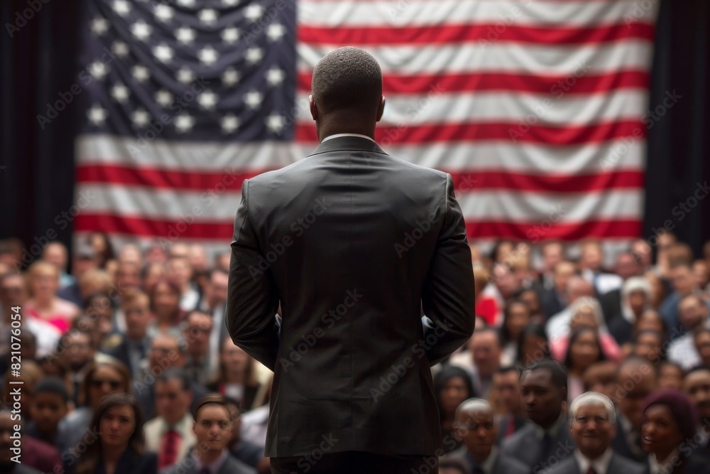 Speaker Addressing Diverse Audience with American Flag Speaker Addressing Diverse Audience with American Flag