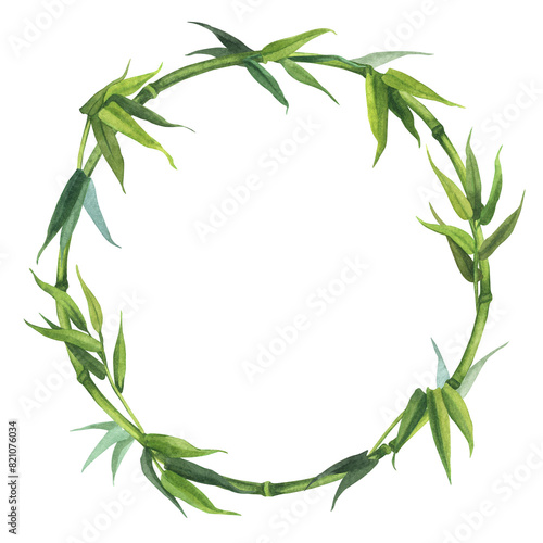 Green bamboo stems and leaves wreath. Watercolor hand drawn design elements isolated on white background.