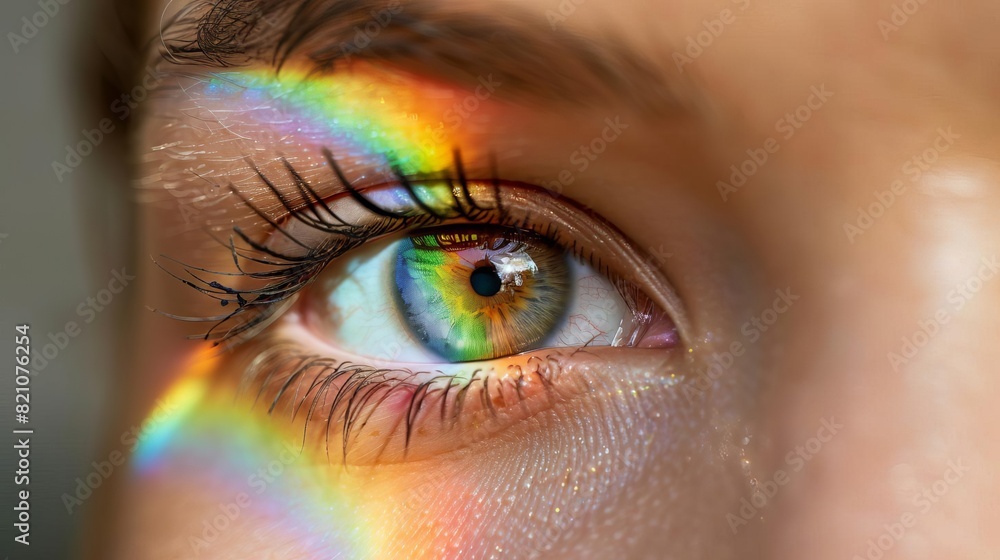Close-up of a human eye with a colorful rainbow reflection Close-up of a human eye with a colorful rainbow reflection