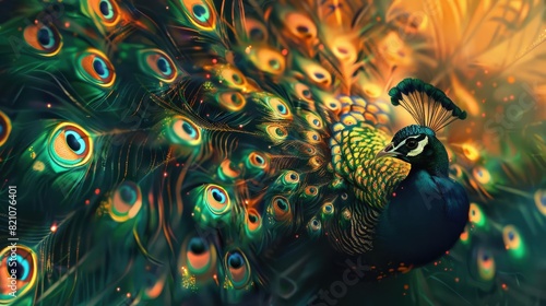A vibrant peacock displays its stunning, colorful feathers in an intricate pattern, showcasing the beauty of nature and wildlife.