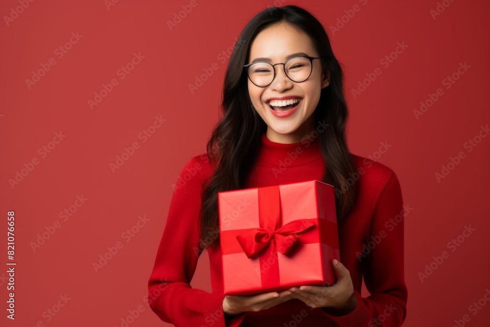 Portrait of a glad asian woman in her 30s holding a box isolated on solid color backdrop Portrait of a glad asian woman in her 30s holding a box isolated on solid color backdrop