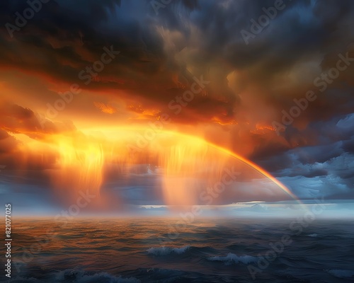 Dramatic sunset over the ocean with golden clouds and a vibrant rainbow  creating a stunning natural seascape and atmospheric scene.