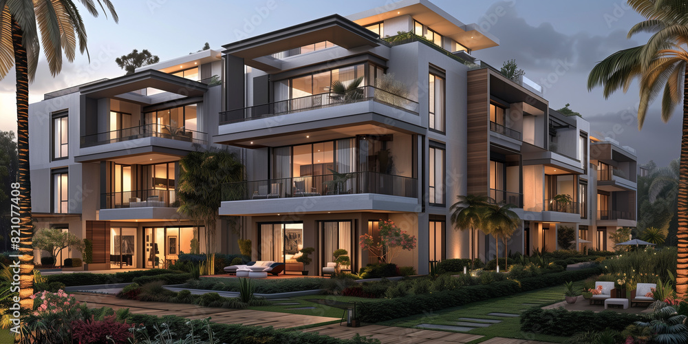 A luxurious modern apartment complex featuring spacious balconies and lush landscaping. The warm lighting and contemporary design create a serene and elegant residential environment.