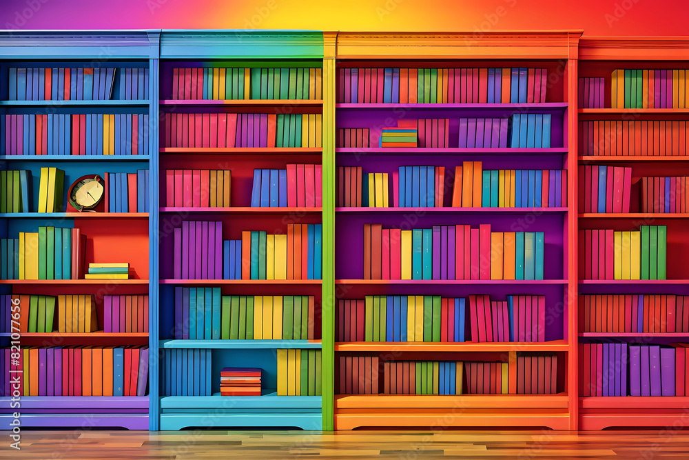 Colorful Library: Rainbow Bookshelves with Vibrant Books. Perfect for educational themes, creative spaces, or organizing concepts, this vibrant image showcases a library with shelves filled Colorful Library: Rainbow Bookshelves with Vibrant Books. Perfect for educational themes, creative spaces, or organizing concepts, this vibrant image showcases a library with shelves filled