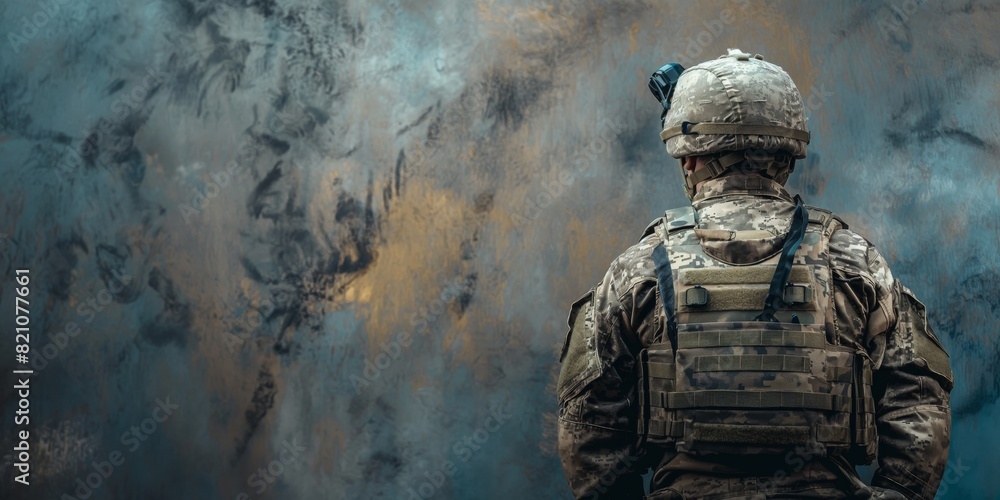 A soldier observes an abstract wall, suggesting themes of contemplation and vigilance A soldier observes an abstract wall, suggesting themes of contemplation and vigilance