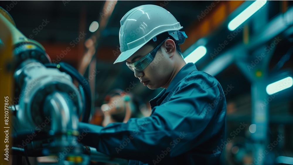 male automation engineer in uniform helmet safety inspection check control heavy machine robot arm system in industrial factory. technician worker check for repair factory machine. male automation engineer in uniform helmet safety inspection check control heavy machine robot arm system in industrial factory. technician worker check for repair factory machine.