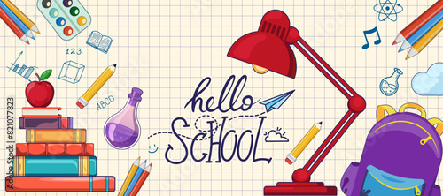 Back to school design concept with popular school supplies levitating above backpack, hand drawn doodles on background of a checkered paper. Greeting text Back to School lettering vector illustration.