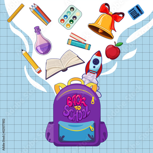 Back to school design concept with popular school supplies levitating above backpack, hand drawn doodles on the background of a checkered paper.