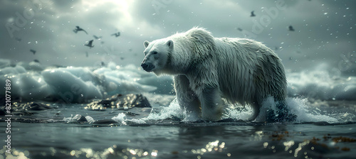 Polar bear surrounded by ocean waves, melting icebergs and arctic environment. Symbol of climate change, global warming. Icebears at risk of starvation as arctic ice sheets melt. photo