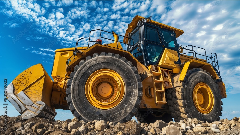 front end wheel Realistic photo of yellow heavy machinery for construction, such as bulldozer or front detection machine at the site on land development project background with blue sky and cloud in front end wheel Realistic photo of yellow heavy machinery for construction, such as bulldozer or front detection machine at the site on land development project background with blue sky and cloud in