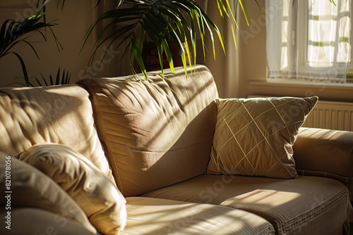 A beige sofa with two white pillows in the living room bathed in sunlight from an open window. The light creates long shadows on one side of the couch and plant leaves above it.