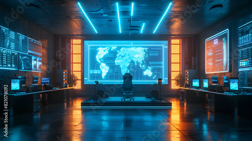 Futuristic Office Room with Holographic Presentation Board Showcasing Advanced Technology in Corporate Presentations Photo Realistic Concept on Adobe Stock