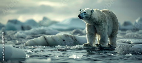 Polar bear surrounded by ocean waves, melting icebergs and arctic environment. Symbol of climate change, global warming. Icebears at risk of starvation as arctic ice sheets melt. photo