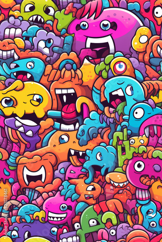 Seamless pattern with vibrant colors and funny doodles  high-quality and ready for print