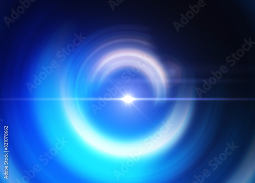 White swirl on a blue background with sun flare, abstract background with a portal in the sky and a bright flash of light, illustration