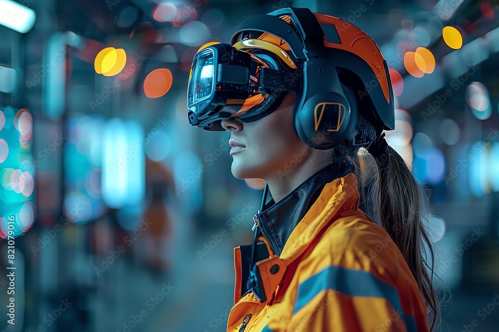 Professional safety in a hightech VR environment, blending modern aesthetics with emergency preparedness Professional safety in a hightech VR environment, blending modern aesthetics with emergency preparedness