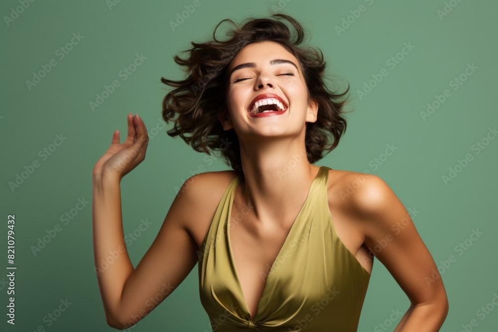 Portrait of a tender woman in her 30s dancing and singing song in microphone in solid color backdrop Portrait of a tender woman in her 30s dancing and singing song in microphone in solid color backdrop