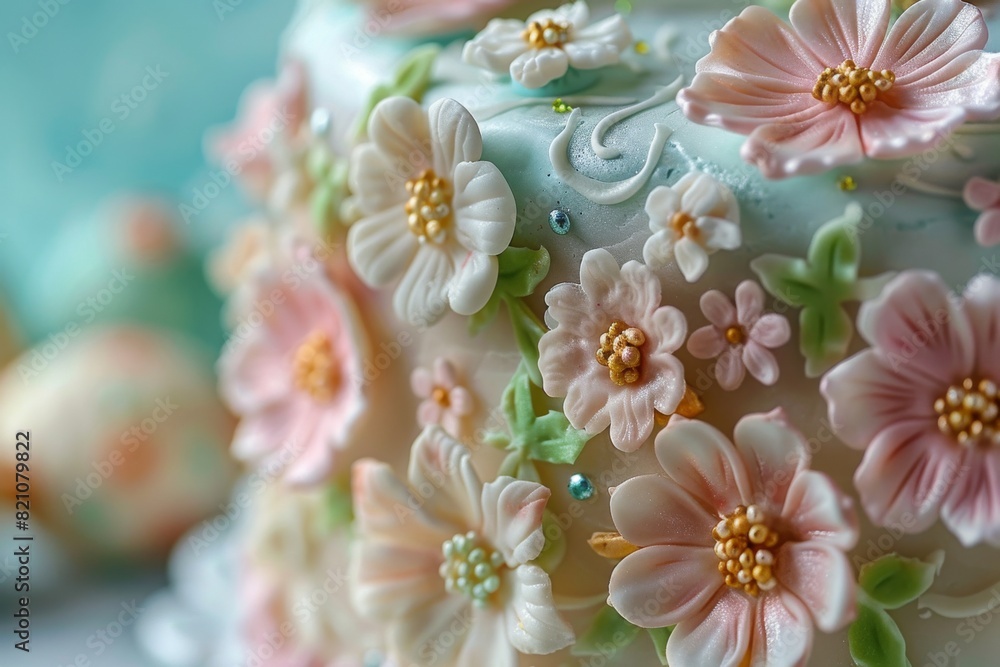 A stunning close-up of an Easter cake intricately decorated with delicate sugar flowers, creating a beautiful display.