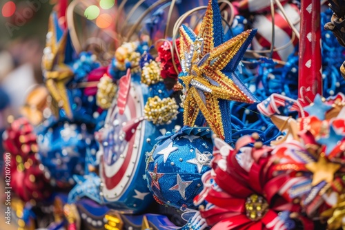 An up-close view of a stunningly decorated float featuring vibrant patriotic symbols and colors, creating a festive atmosphere.