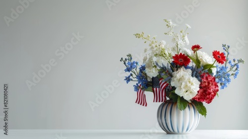 Independence or Memorial day banner with bouquet with US flag. Red  blue and white flowers in modern vase on horizontal illustration with copy space on white background