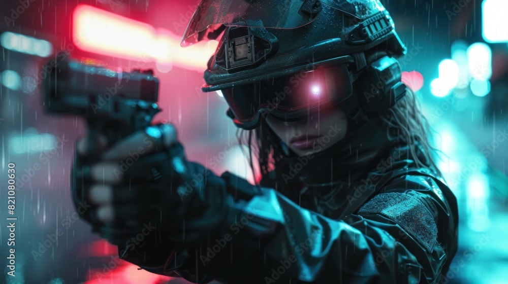 Futuristic cyberpunk soldier woman wearing helmet and goggles holding gun at night. generative AI Futuristic cyberpunk soldier woman wearing helmet and goggles holding gun at night. generative AI
