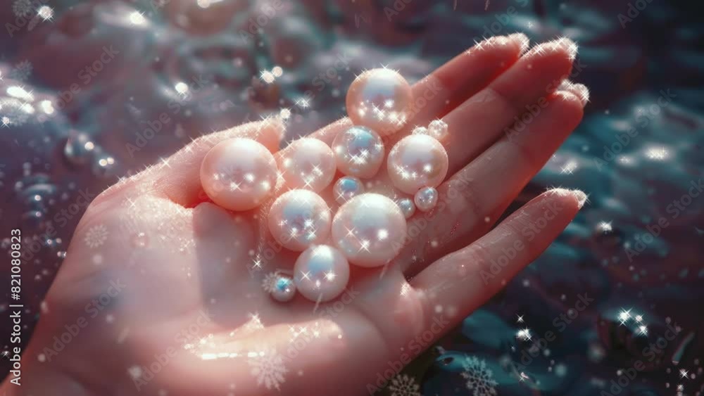 Pearls on Palm: Close-up of Glittering Gems Resting on Human Hand
