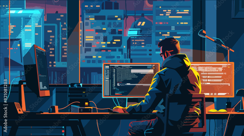 Fototapeta premium Hacker. A man sits at a table with a computer. Hacker at work.