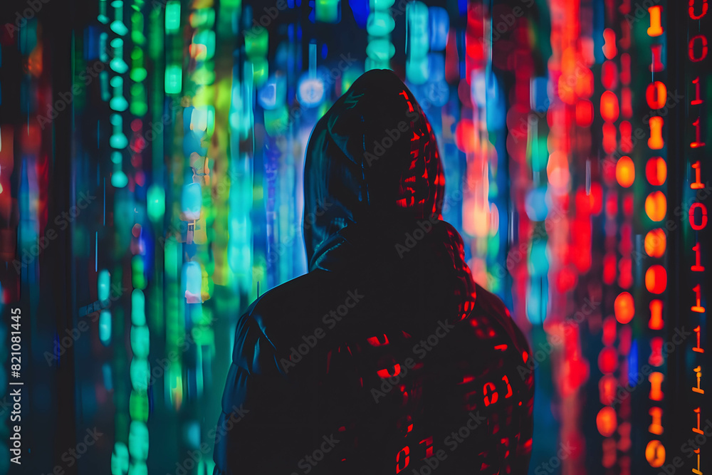 Hacker and binary code, symbolizing cyber threats, dangers and theft of information through the online world and social media, the rise of online threats Hacker and binary code, symbolizing cyber threats, dangers and theft of information through the online world and social media, the rise of online threats