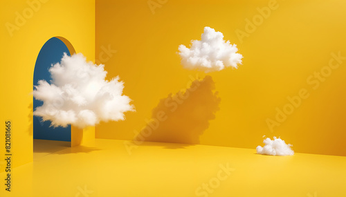 A white fluffy cloud against a bright yellow background, 3d rendering, clouds coming out of door with a minimal, abstract scene