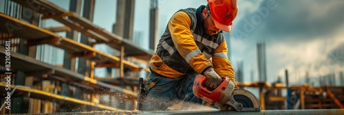 Image captures a construction worker in safety gear actively using a circular saw with visible sparks