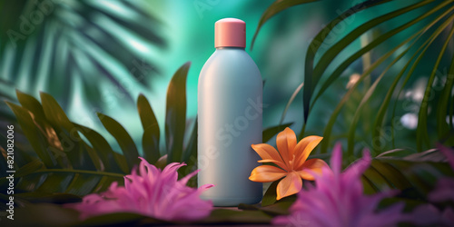 plastic spray bottle mock-up and summer flowers. Natural organic spa cosmetics and liquid antimicrobial concept. flower shampoo. Ai generative