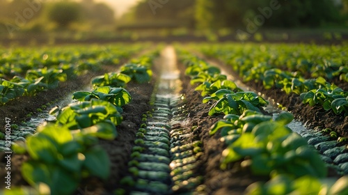 A lush green agricultural field with vibrant plants growing in neat rows  basking in the warm golden glow of sunset.