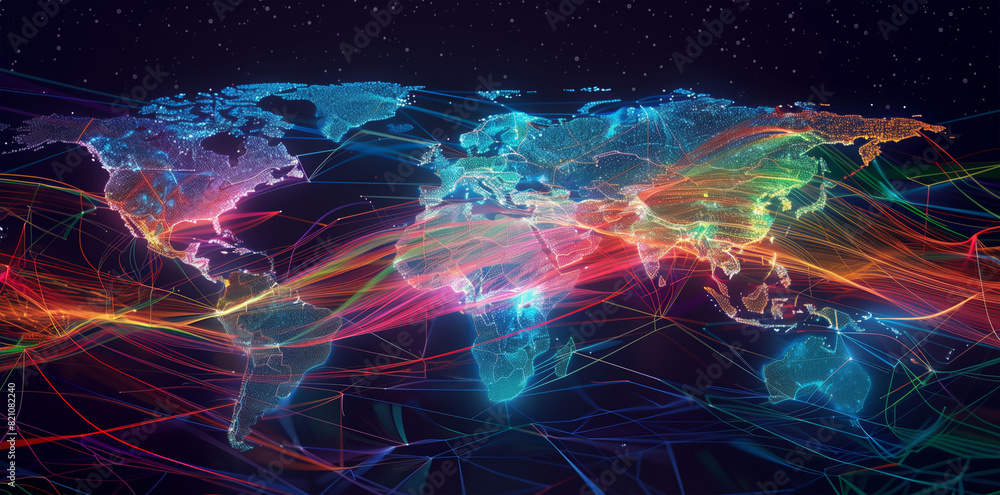 Undersea cable network map visualizing global internet traffic flows ...